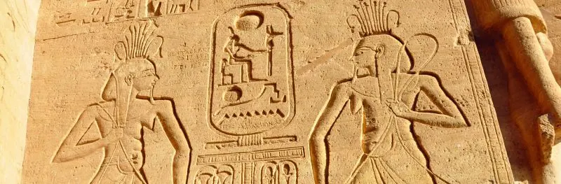 Ancient hieroglyphs and wall carvings inside Abu Simbel Temple in Egypt