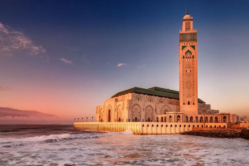 Hassan II Mosque in Casablanca featured in the 19-day Jordan, Egypt, and Morocco Tour.