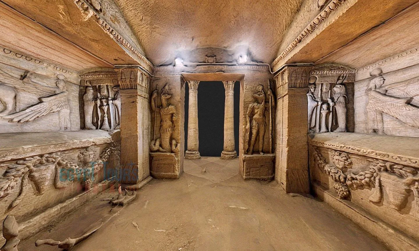 Explore the intricate carvings and underground chambers of Alexandria’s Catacombs of Kom El Shoqafa.
