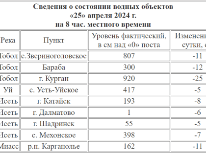​25 апреля на 8:00 уровень воды в Тоболе в Кургана составил 920 см