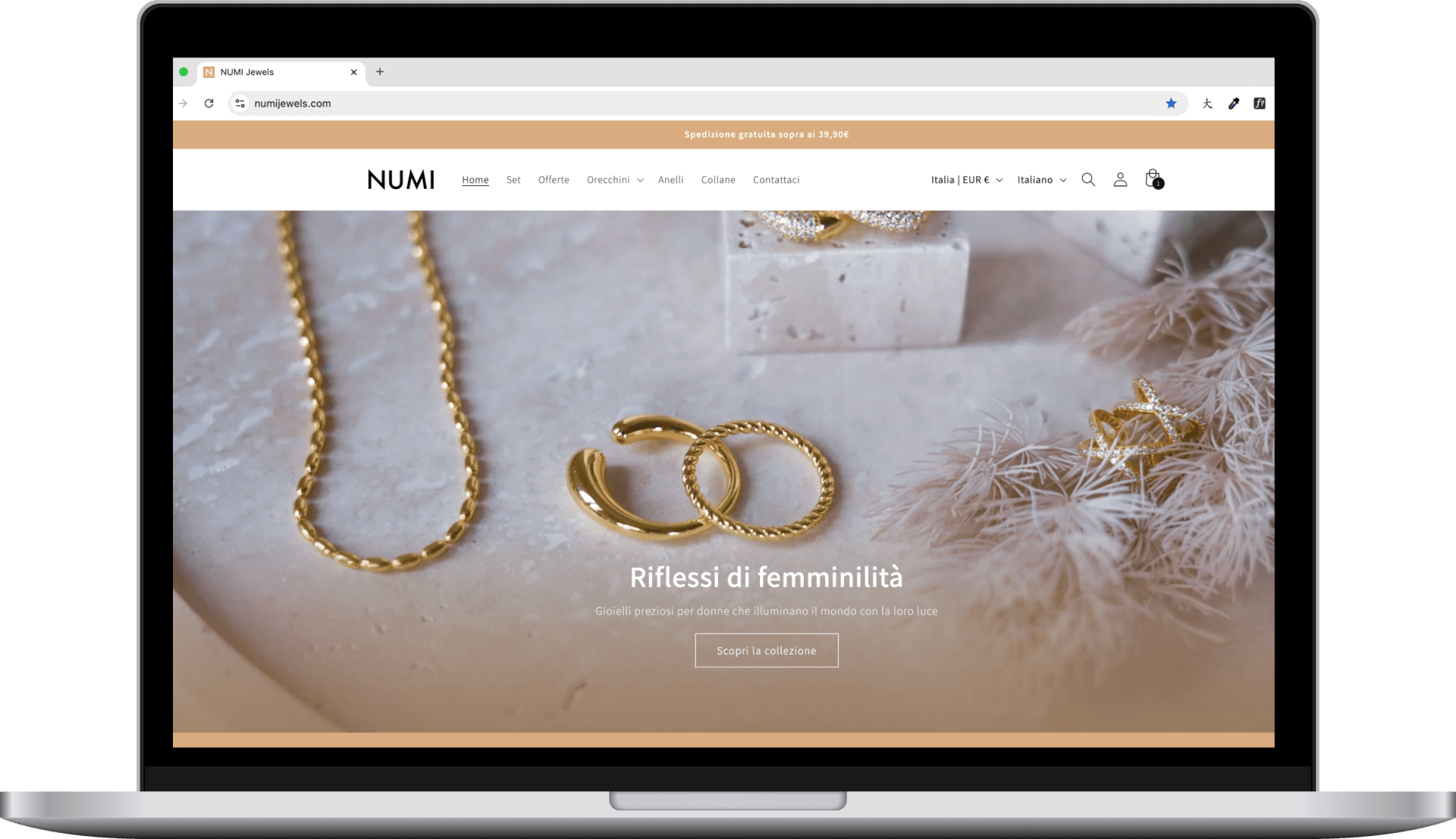 Homepage e-commerce NUMI Jewels, progetto di web design strategico e sviluppo sito web aziendale.