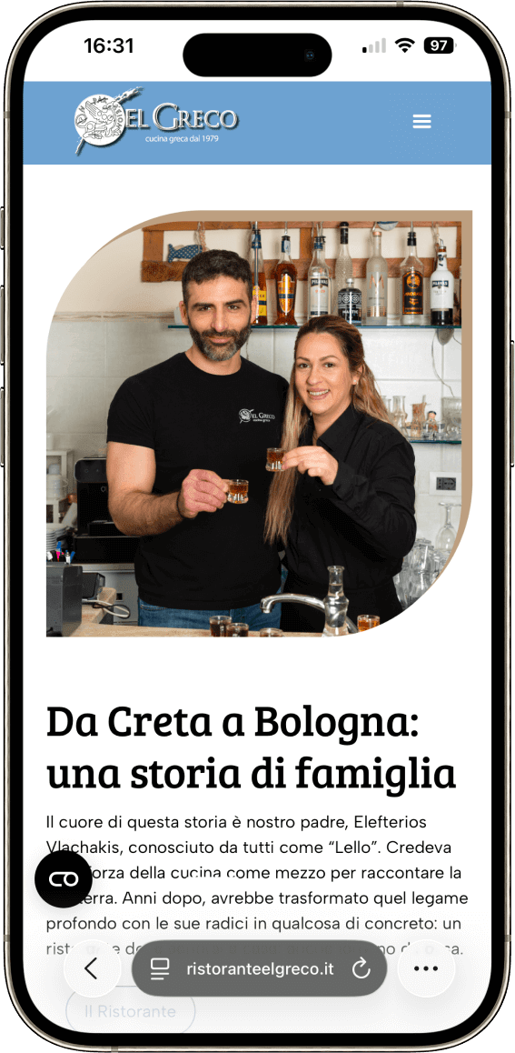 Versione mobile sito El Greco, web design responsive e UX sito web per ristoranti.