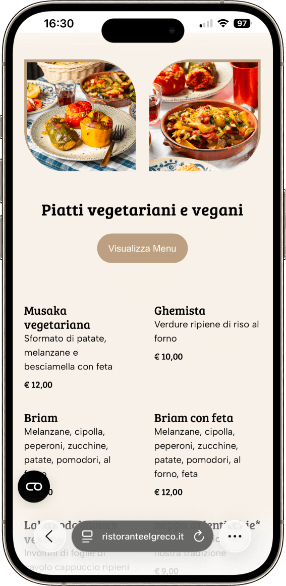 Menu vegetariano e vegano El Greco, strategia di web marketing e ottimizzazione esperienza utente.