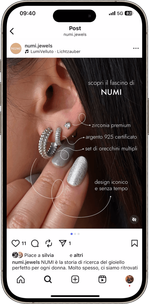 Post Instagram ear stack NUMI, strategia social media marketing e content creation per brand gioielli.