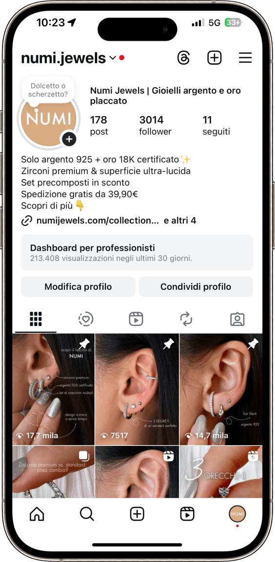 Profilo Instagram NUMI Jewels, gestione social aziende e strategia social per e-commerce gioielli.
