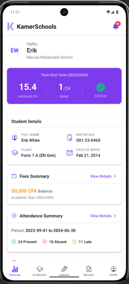 Mobile view of KamerSchool dashboard