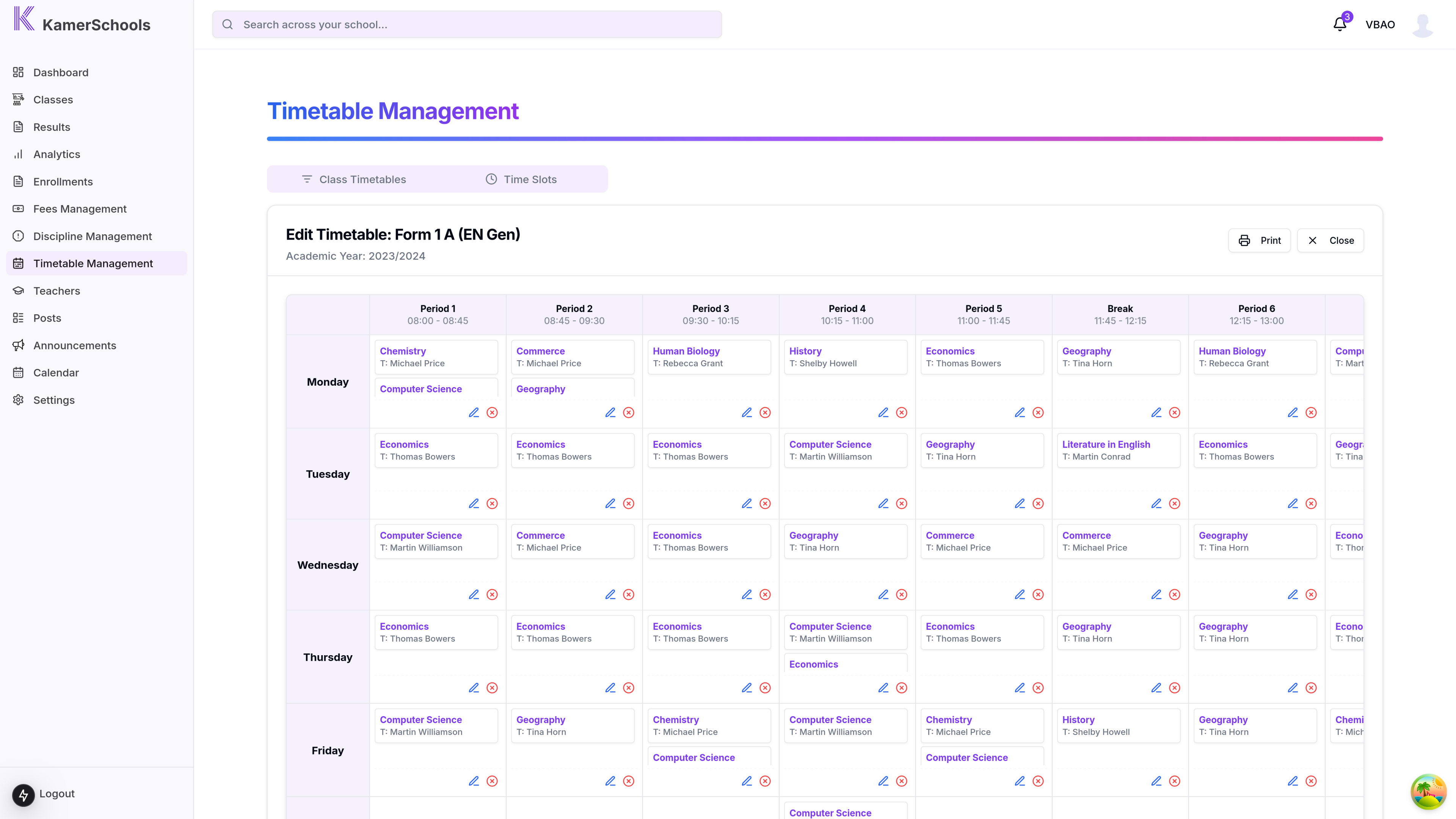 School timetable and scheduling interface
