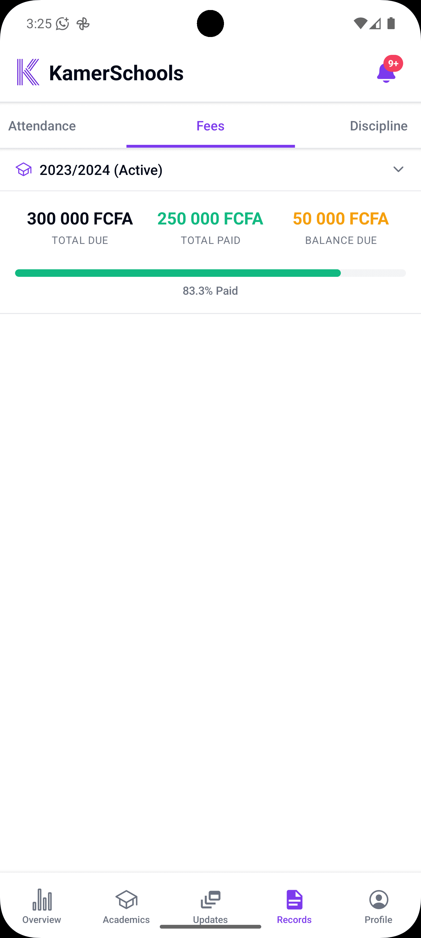 KamerSchool Parent App Fees Management Screen