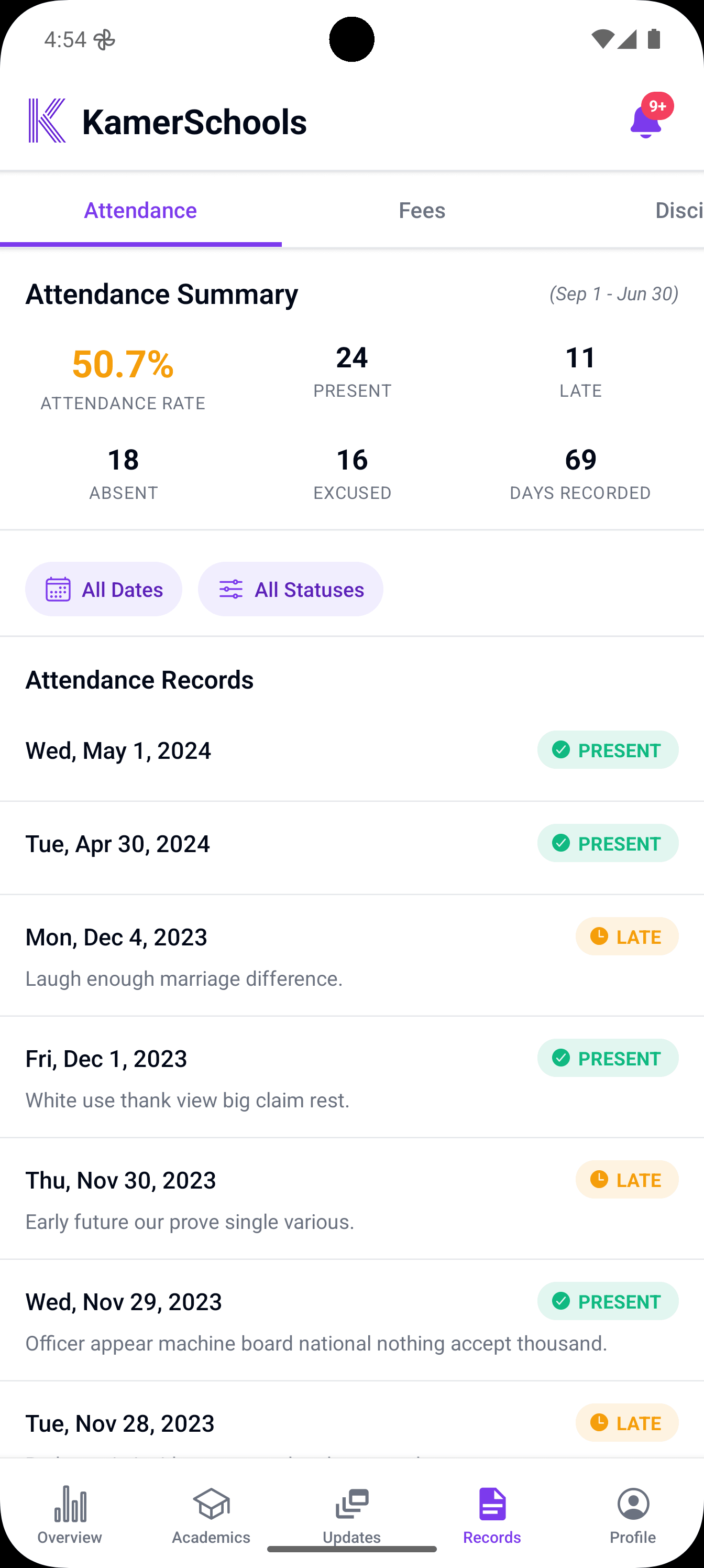 KamerSchool Parent App Attendance Tracking Screen