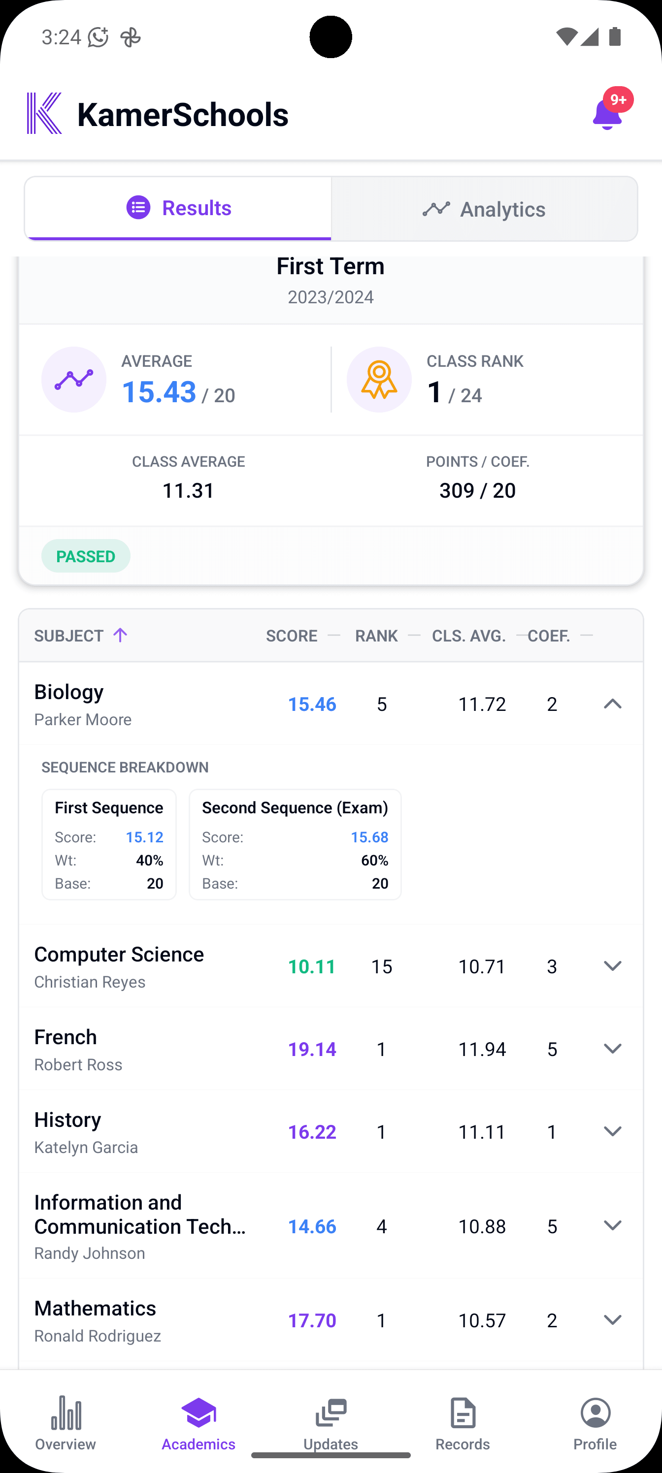 KamerSchool parent app interface on a mobile phone showing detailed results.