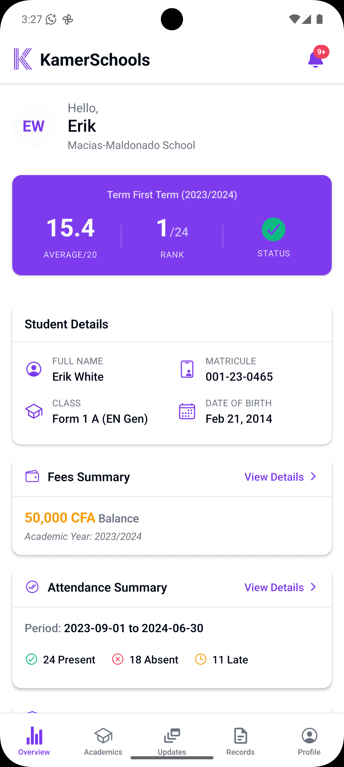 KamerSchool parent app interface on a mobile phone showing student overview.