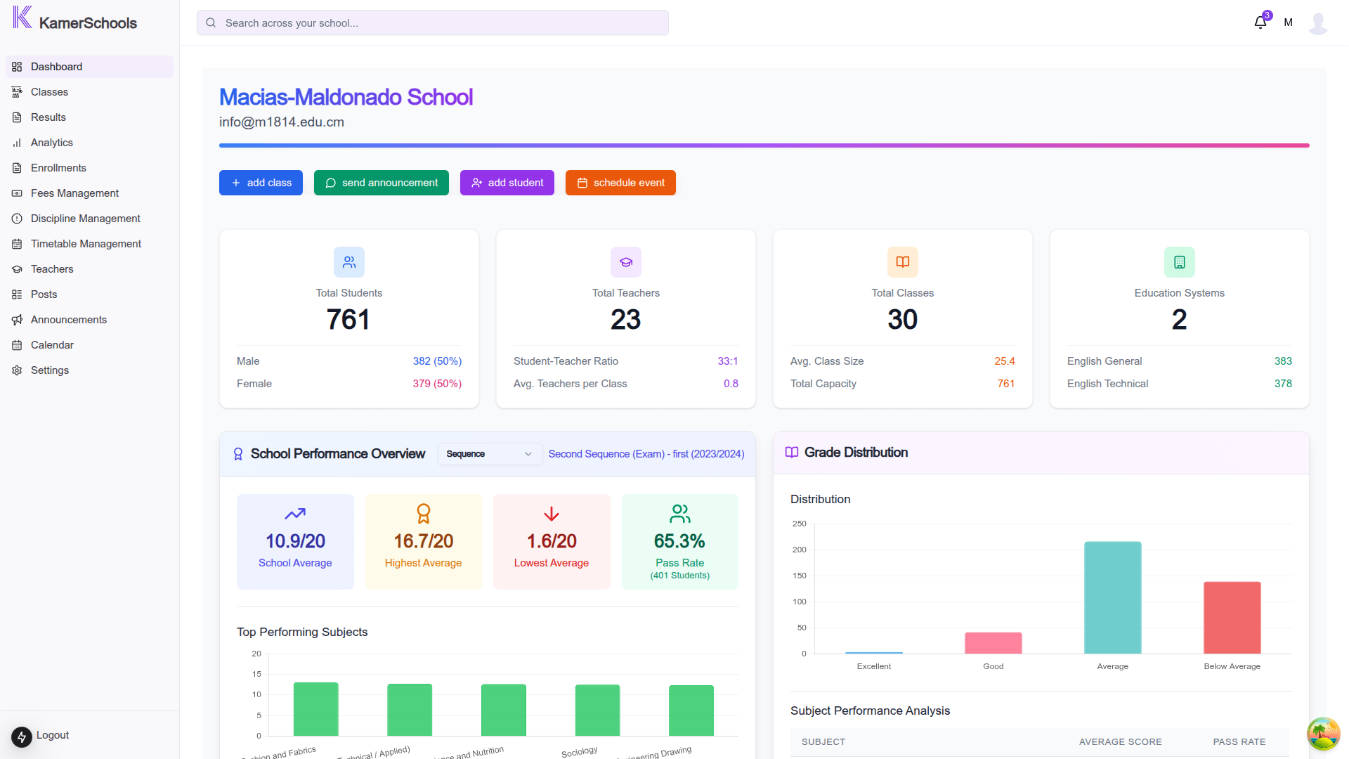 KamerSchool dashboard view on a tablet, showcasing administrative features.