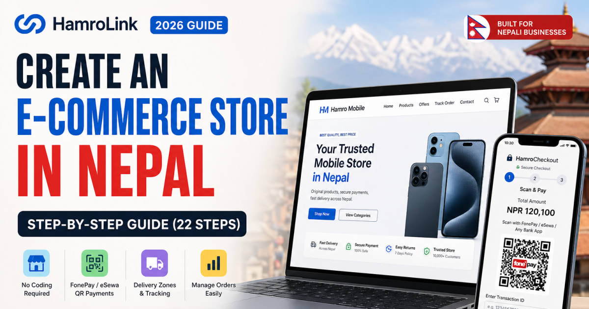 HamroLink e‑commerce store dashboard and product listing on laptop showing Nepali online shop setup