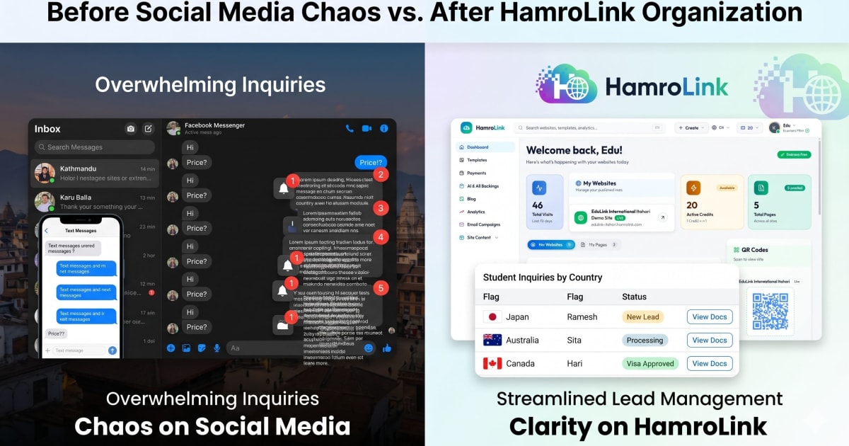Facebook Messenger Chaos vs Professional Website Inquiry Dashboard for Nepal Consultancy