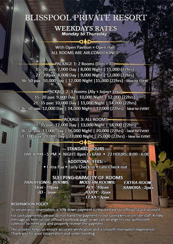 Weekend Rates - Blisspool Private Resort