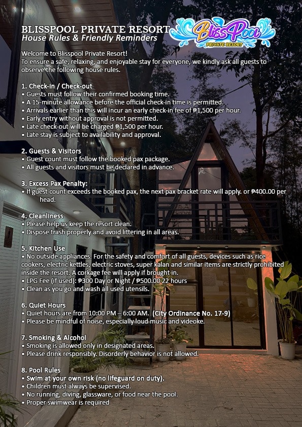Rules & Reminders 1 - Blisspool Private Resort