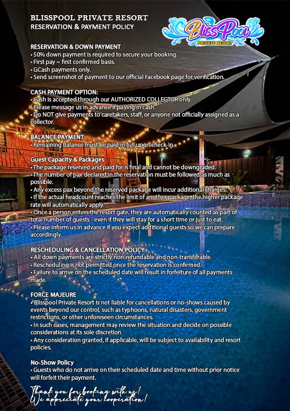 Reservation & Payment Policy - Blisspool Private Resort