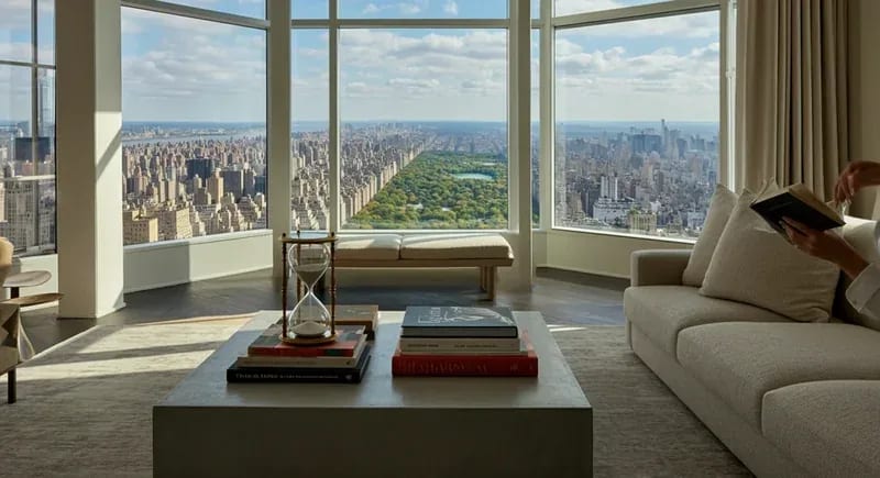 Interior view of the Central Park Tower penthouse, showcasing the expansive living space with floor-to-ceiling windows offering a panoramic view of Central Park.