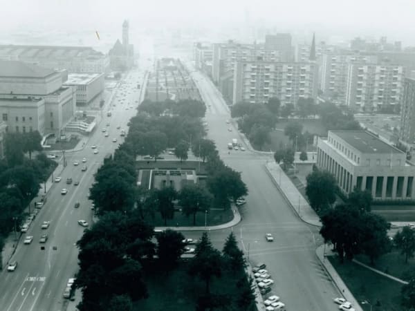 View west from the Civil Courts Building
