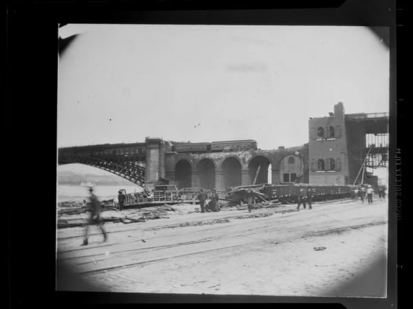 Eads Bridge showing tornado damage