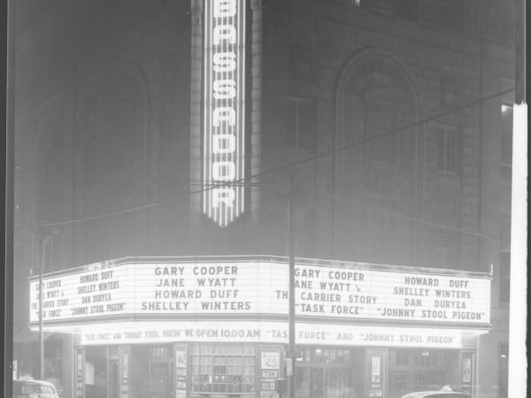 Night view of the Ambassador Theatre marquee, 401 North Seventh Street