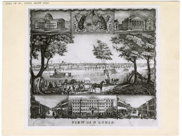 View of St. Louis with Scenes of the Court House, Theatre, Main Street, Planters House, and Market Street