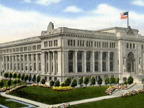 Municipal Courts Building, hand-colored postcard view from Market Street