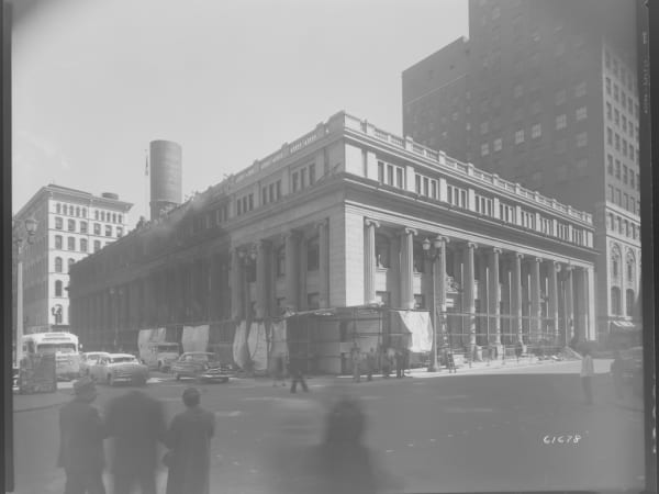Exterior view of the Mercantile Trust Company Building during cleaning, 721 Locust Street