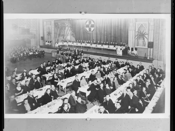 Copy of a photograph depicting the Pevely Dairy Company Safety Award Banquet hosted at the Moolah Temple