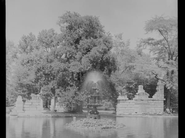 VIEW OF THE TOWER GROVE PARK FOUNTAIN AND RUINS.