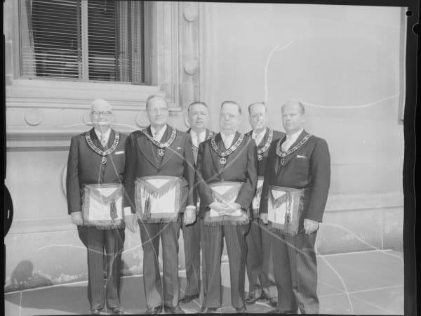 GROUP PORTRAIT OF MASONIC OFFICERS AT THE SCOTTISH RITE CATHEDRAL, 3633 LINDELL BOULEVARD.