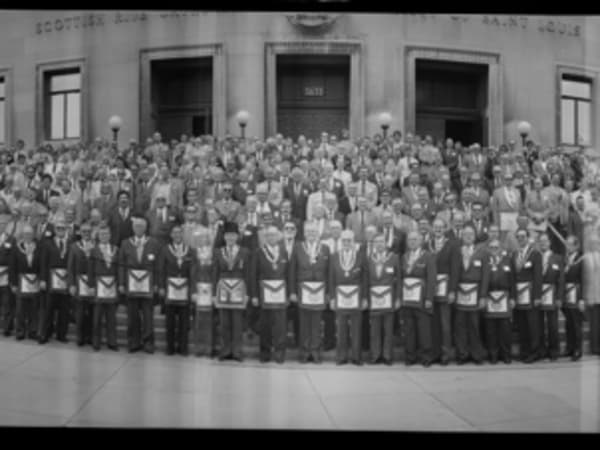 Group Portrait of Free Masons Posing in Front of the Scottish Rite Cathedral