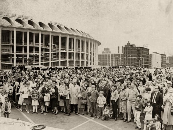 CROWD GATHERED OUTSIDE OF BUSCH STADIUM.
