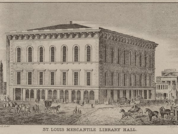 Mercantile Library Hall: St. Louis Mercantile Library Hall as new in 1854, with its open arcade at street level. Lithograph by L. Gast and Bro. after the design of R. S. Mitchell, from Hogan's Thoughts About the City of St. Louis.
