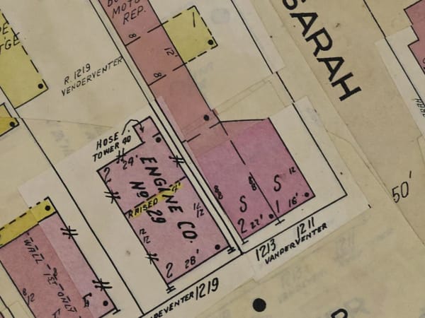 Engine House No. 29: The same lot on the 1951 Sanborn map, now numbered 1219 Vandeventer. A paste-over correction still labels it Engine Co. No. 29, with the hose tower marked at 40 feet.