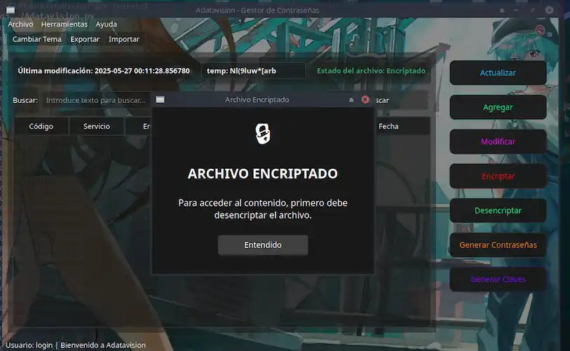Interfaz de Adata - Gestor de contraseñas desarrollado en Python