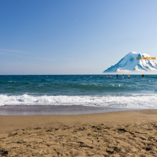 A bad AI generated image of a beach with a mountain and yetis in the background