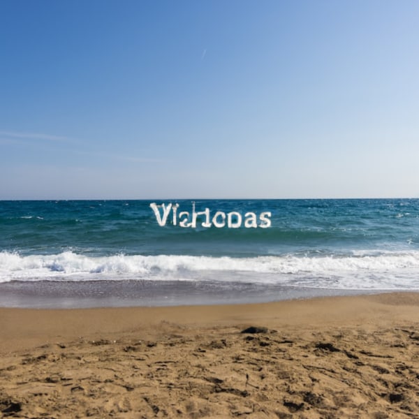 A bad AI generated image of a beach with an illegible word floating in the ocean