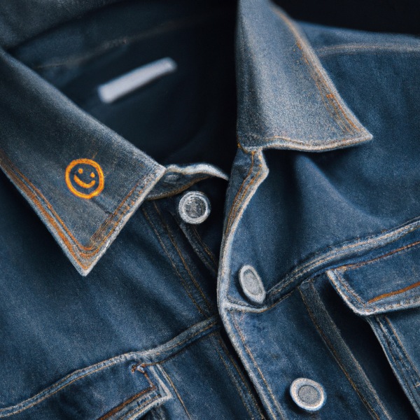 An AI generated image of a denim jacket with a smiley face patch