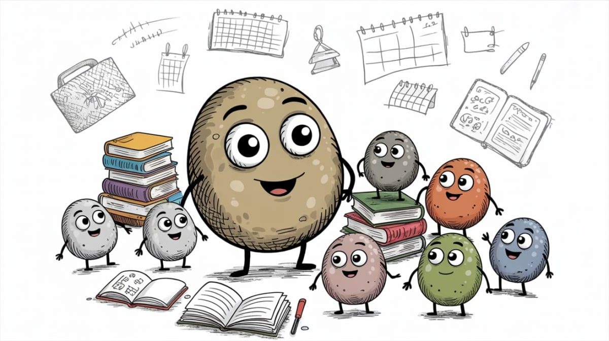 Bible curriculum homeschool planning with friendly stone characters organizing learning materials