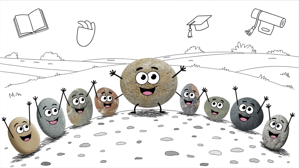 Homeschool dual enrollment guide with friendly stone characters in learning community