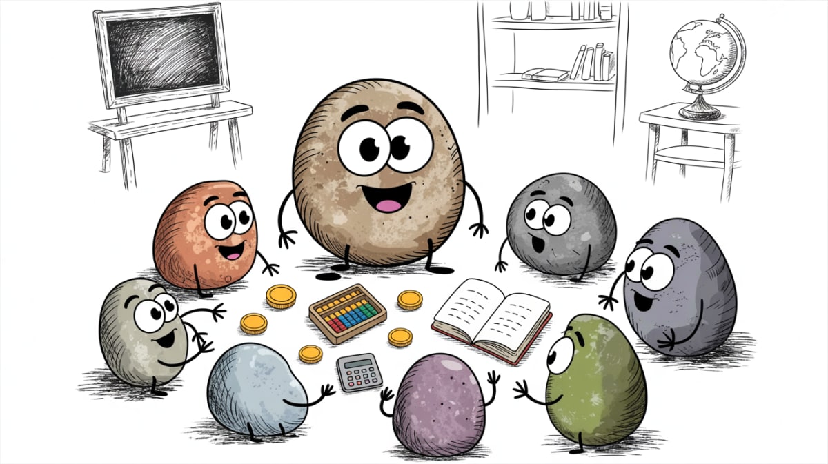 Homeschool economics curriculum concept with friendly stone characters exploring learning materials