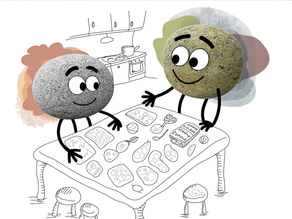 Homeschool parent and child stone characters at kitchen table learning activity