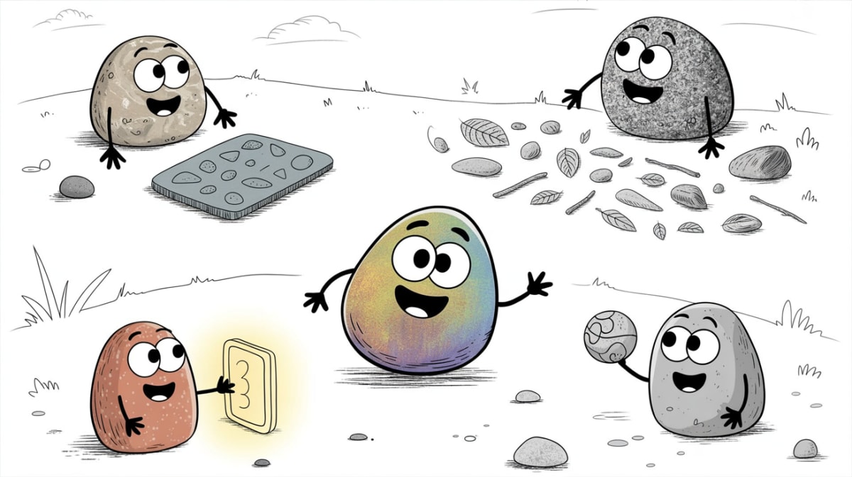 Homeschool geography curriculum types illustrated with friendly stone characters