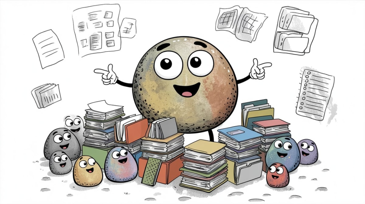 Friendly stone characters organizing homeschool record keeping materials