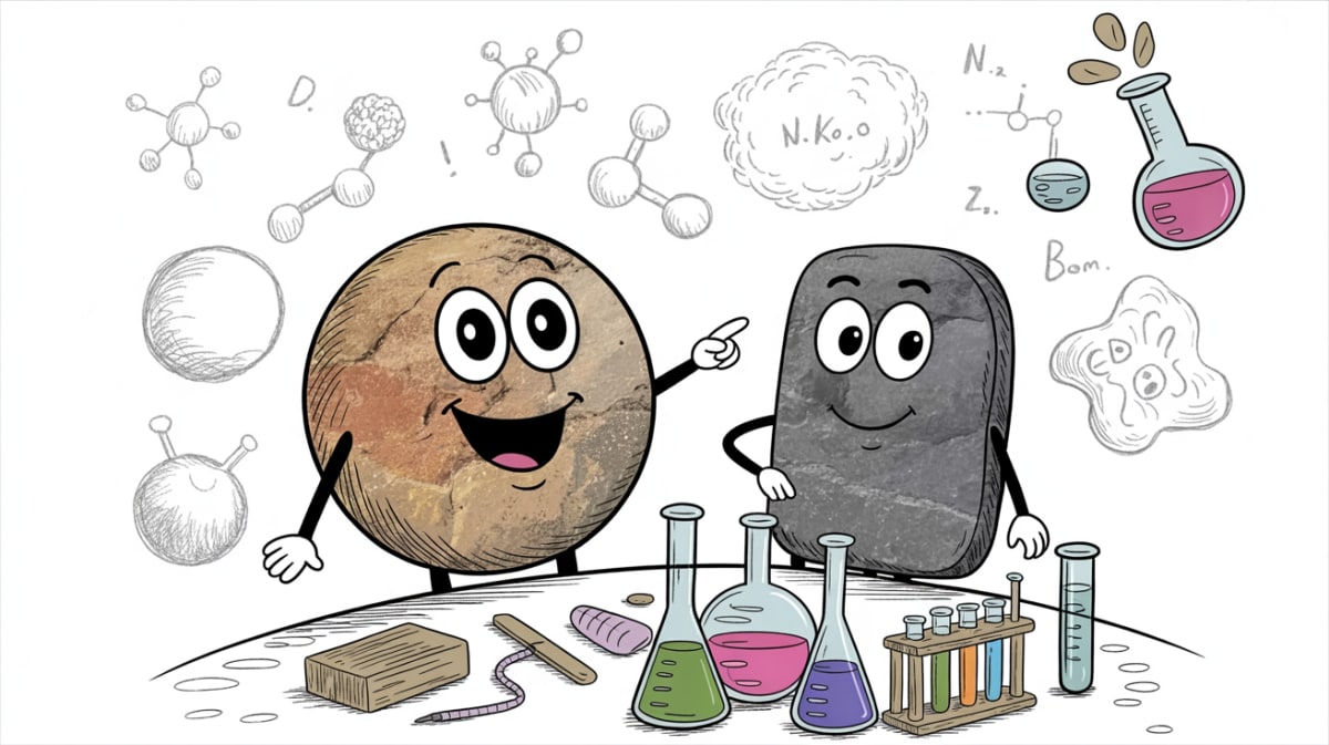 Homeschool science kits displayed with cheerful stone characters exploring learning materials