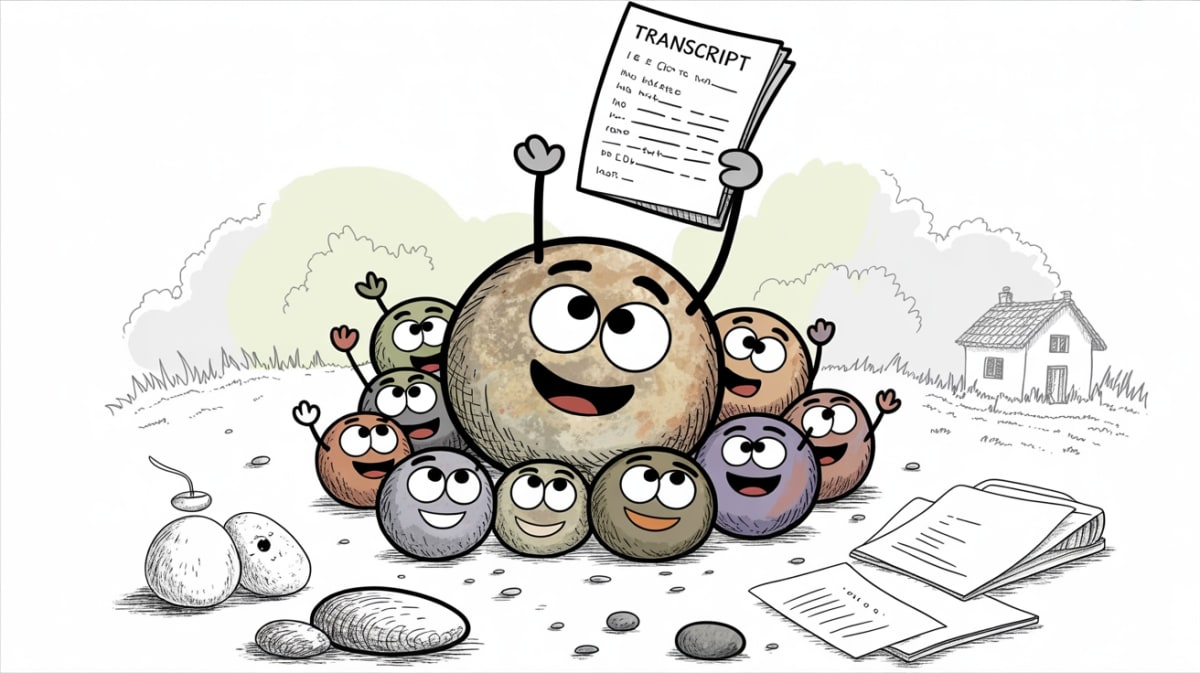 Friendly stone character celebrating a homeschool transcript with supportive pebble friends