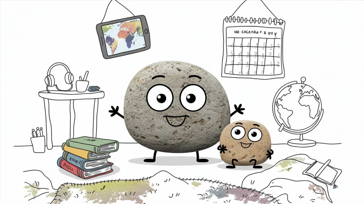 Anthropomorphic stone characters enjoying immersion language learning in a home environment