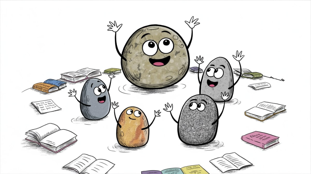 Anthropomorphic stone characters engaged in book club discussion questions conversation