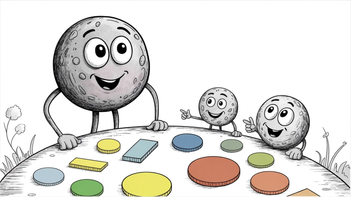 Fractions with manipulatives: stone characters exploring colorful fraction circles and bars